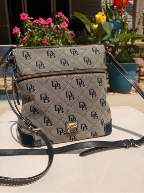 Dooney & Bourke Beige and Black Logo Crossbody with Gold Plaque